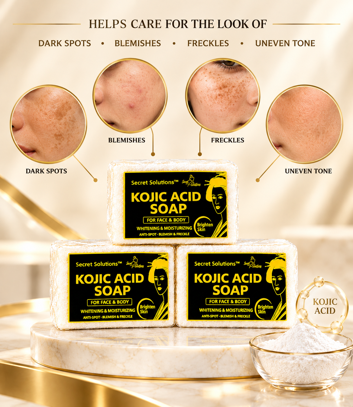 Three bars of Secret Solutions Kojic Acid Soap are displayed on a marble pedestal with a small glass bowl of white powder. Above the products, text highlights skin concerns like dark spots, blemishes, freckles, and uneven tone, accompanied by circular inset photos of skin conditions.