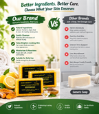 A promotional comparison graphic for Secret Solution Lemon Turmeric & Kaolin soap bars, showing two bars of soap, lemons, turmeric roots, and text comparing the brand's natural ingredients and gentle care benefits with generic soap drawbacks.