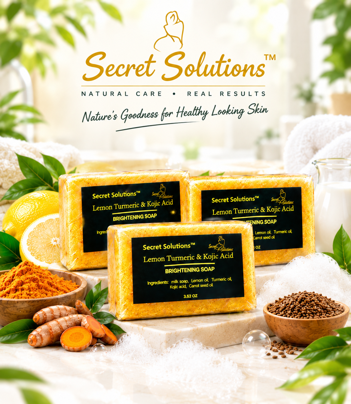 Three bars of Secret Solutions Lemon Turmeric & Kojic Acid Brightening Soap arranged on a marble slab with lemons, turmeric roots, and bowls of ingredients around them. The brand logo and name are displayed at the top of the image.