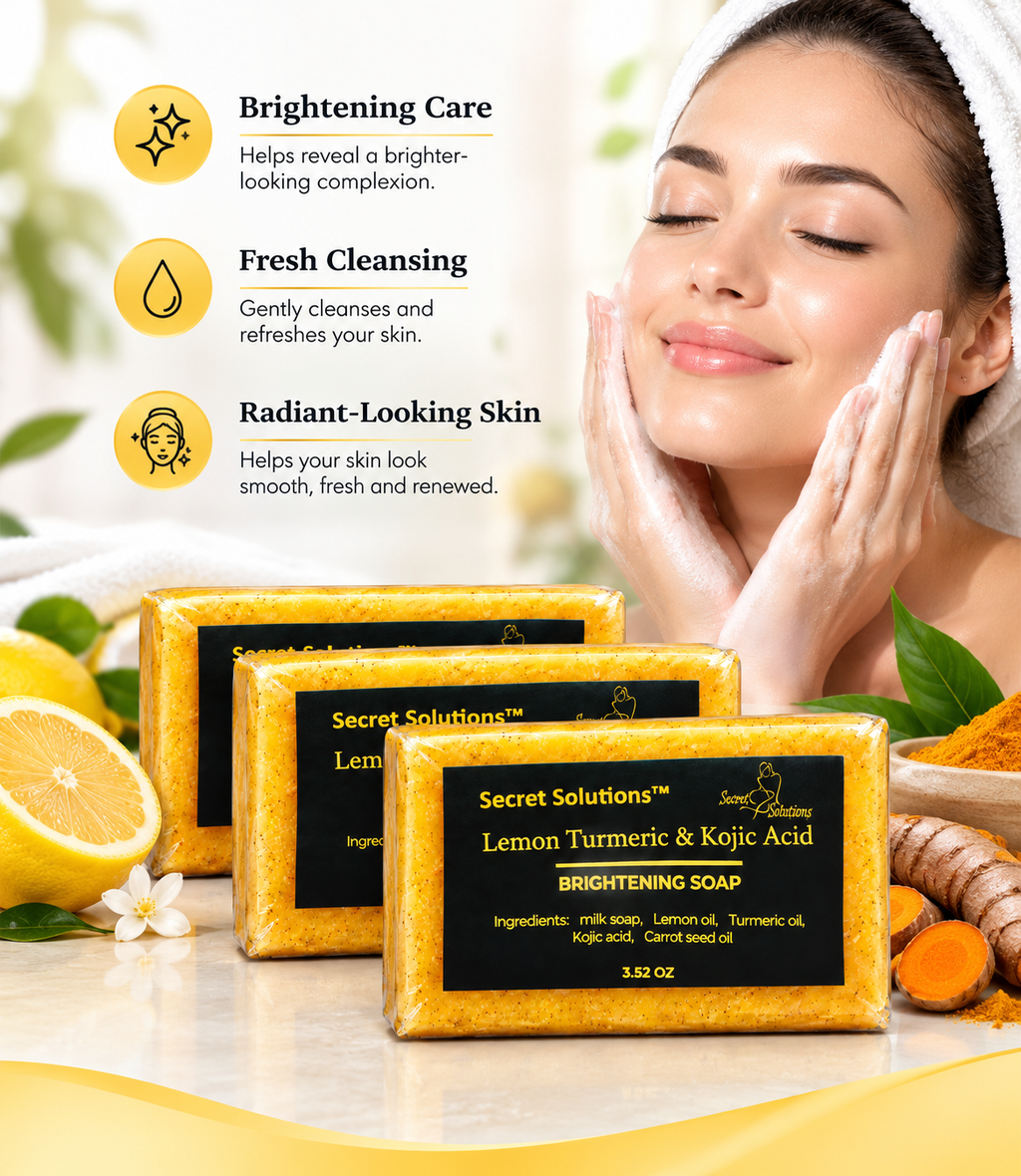 Three bars of Secret Solutions Lemon Turmeric & Kojic Acid Brightening Soap displayed in front of a smiling woman washing her face, with lemon slices, turmeric root, and text overlays highlighting skin benefits.