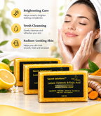 Three bars of Secret Solutions Lemon Turmeric & Kojic Acid Brightening Soap displayed in front of a smiling woman washing her face, with lemon slices, turmeric root, and text overlays highlighting skin benefits.