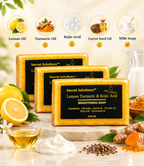 Three bars of Secret Solutions Lemon Turmeric & Kojic Acid Brightening Soap arranged on a marble surface with lemons, turmeric root, seeds, oil, and cream. Above the soap, ingredient icons with labels read Lemon Oil, Turmeric Oil, Kojic Acid, Carrot Seed Oil, and Milk Soap.