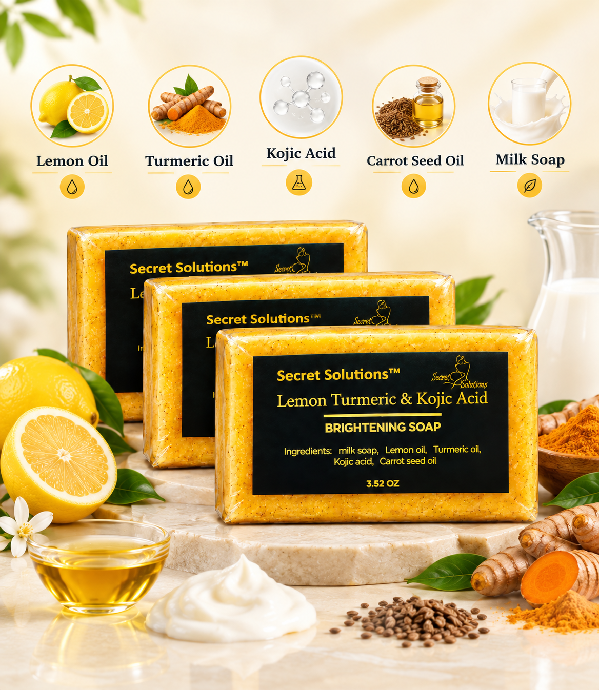 Three bars of Secret Solutions Lemon Turmeric & Kojic Acid Brightening Soap arranged on a marble surface with lemons, turmeric root, seeds, oil, and cream. Above the soap, ingredient icons with labels read Lemon Oil, Turmeric Oil, Kojic Acid, Carrot Seed Oil, and Milk Soap.