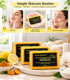 Three bars of Secret Solutions Lemon Turmeric & Kojic Acid Brightening Soap arranged on a marble countertop with lemons, turmeric root, and skincare props. Above, three inset panels show a skincare routine: wet skin, apply soap and gently cleanse, rinse thoroughly.