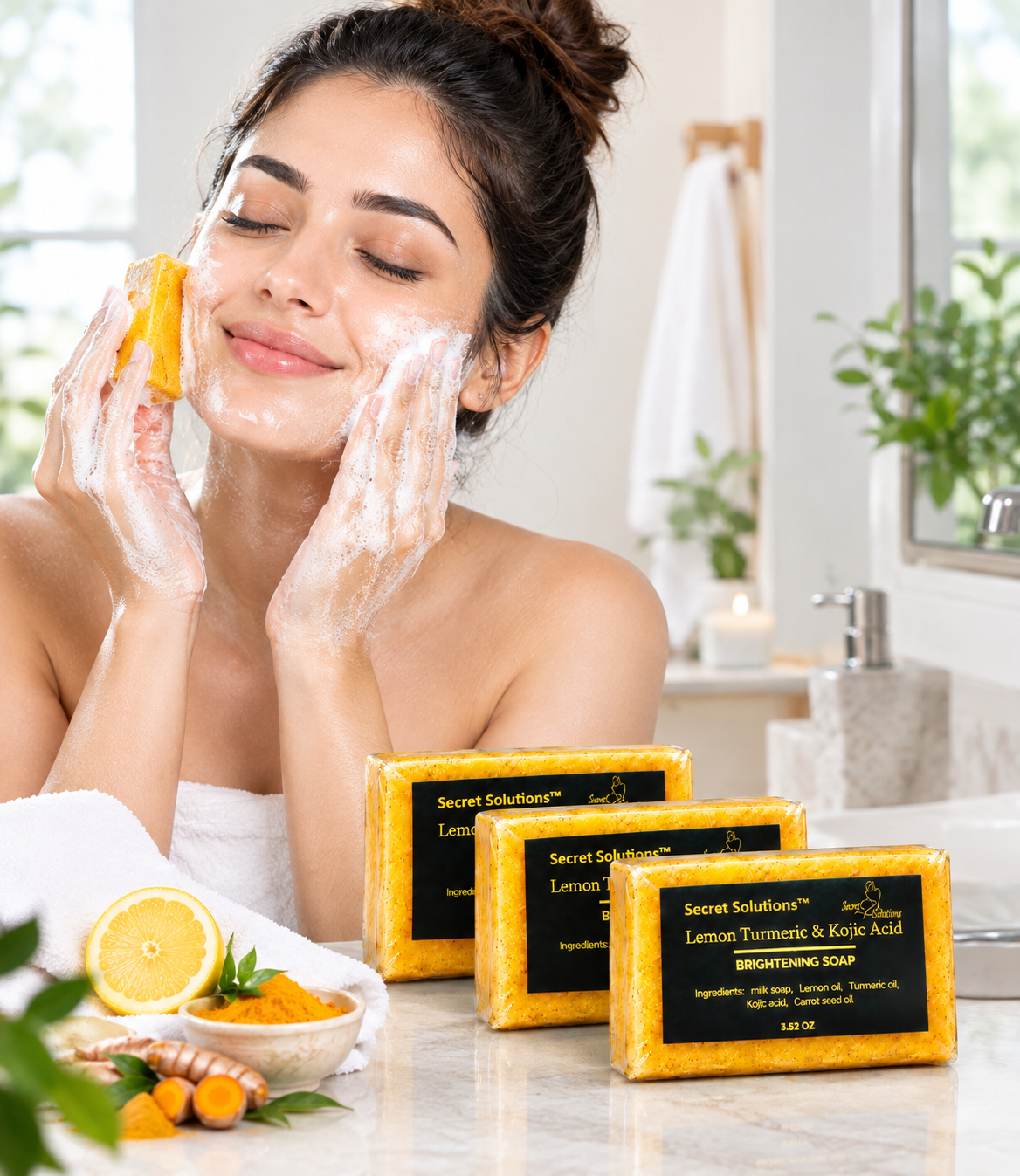 A woman with face wash foam on her face applies brightening soap from three bars of Secret Solutions Lemon Turmeric & Kojic Acid soap, shown in a bright bathroom setting with a lemon slice and turmeric root on the counter.