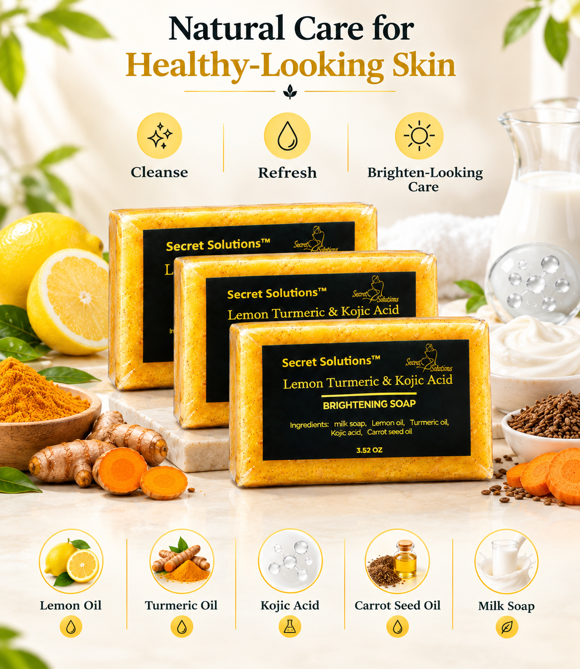 Three bars of Secret Solutions Lemon Turmeric & Kojic Acid Brightening Soap are displayed on a marble surface with lemons, turmeric root, and carrots. The background is a soft beige with decorative text and ingredient icons illustrating the product's benefits.