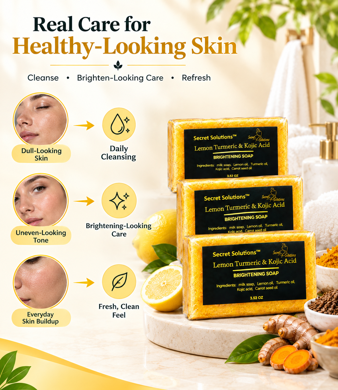 Three bars of Secret Solutions Lemon Turmeric & Kaji Acid Brightening Soap are displayed on a marble slab with lemons, turmeric root, and bowls of ingredients. The left side features a vertical infographic with before-and-after skin close-ups and icons explaining daily cleansing, brightening care, and fresh, clean feeling.