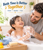 A smiling man helps a young boy wash his hands and body in a bubbly bathtub, with the text 'Bath Time Is Better Together' at the top. A soap dish with a bar of soap, a yellow rubber duck, and a blue towel are visible in the tub.