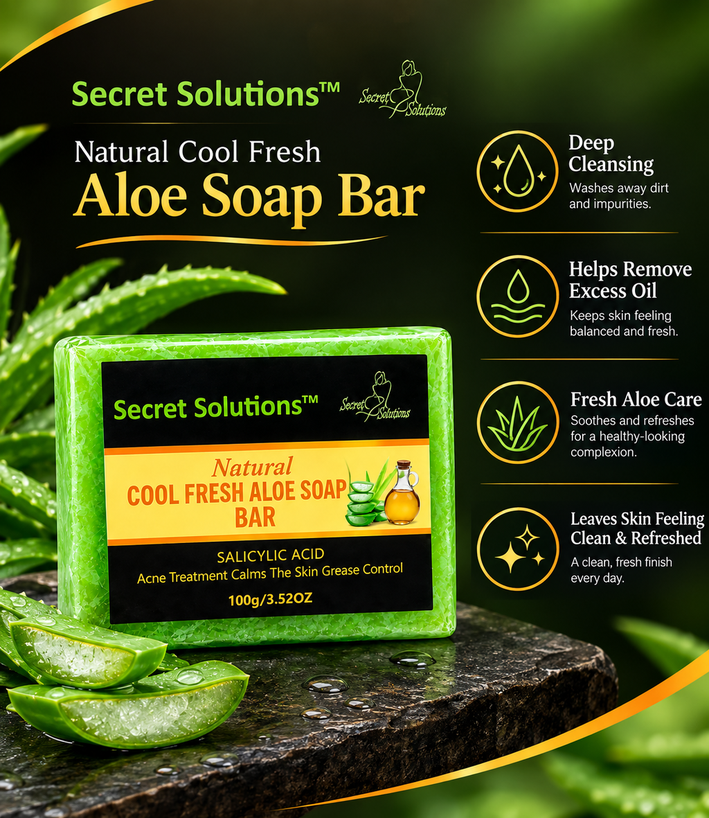 A green and black bar of Secret Solutions Natural Cool Fresh Aloe Soap Bar is displayed on a dark textured surface with fresh aloe vera slices. The background is dark green with text highlighting benefits such as deep cleansing, excess oil removal, and fresh aloe care.
