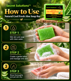 Instructional graphic for Secret Solutions Natural Cool Fresh Aloe Soap Bar showing three steps: wetting skin and soap with water, lathering and massaging onto skin, and rinsing thoroughly. The graphic includes product packaging, aloe vera imagery, and hands demonstrating the soap bar.