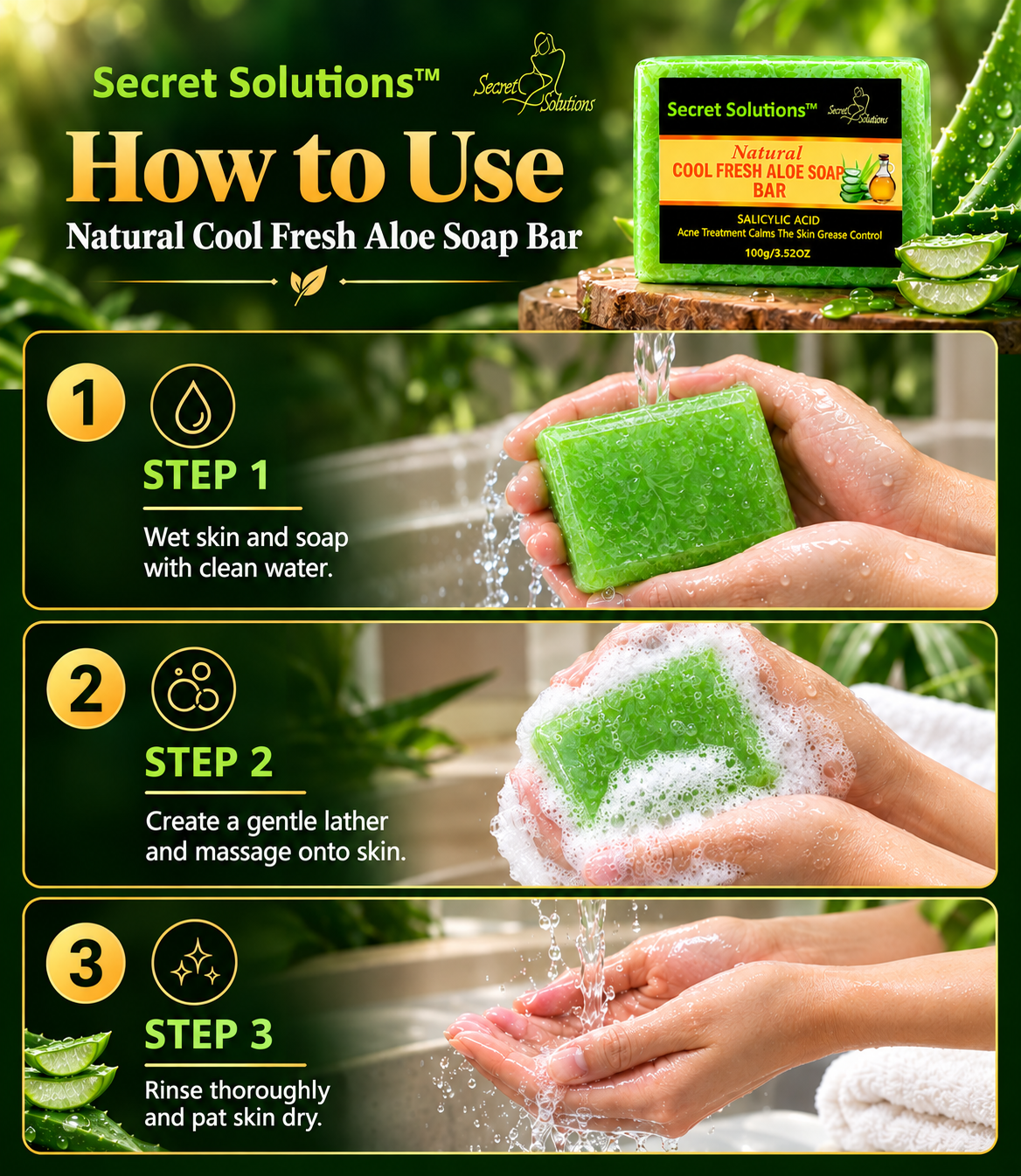 Instructional graphic for Secret Solutions Natural Cool Fresh Aloe Soap Bar showing three steps: wetting skin and soap with water, lathering and massaging onto skin, and rinsing thoroughly. The graphic includes product packaging, aloe vera imagery, and hands demonstrating the soap bar.