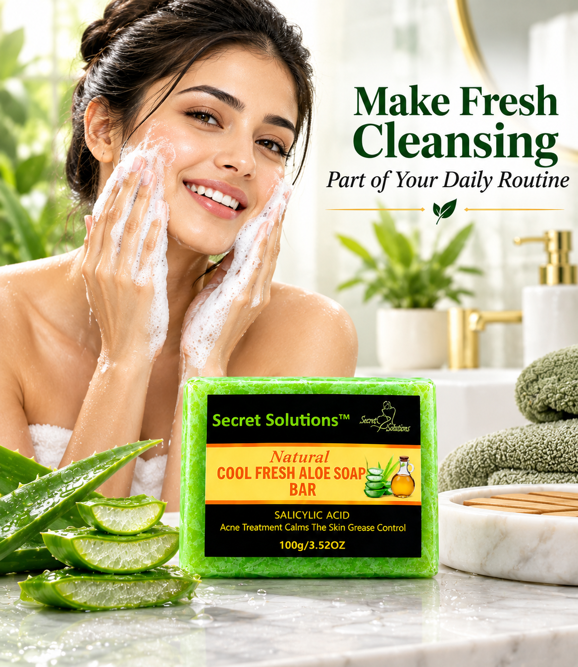 A woman with cleansing foam on her face is shown beside a bar of Secret Solutions Natural Cool Fresh Aloe Soap Bar, with aloe leaves and a bathroom setting in the background.