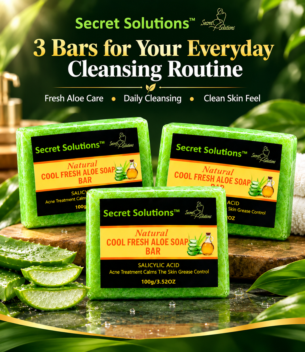 Three green soap bars labeled Secret Solutions Natural Cool Fresh Aloe Bar, arranged on a wooden surface with sliced aloe vera leaves and a blurred green outdoor-style background. Large promotional text at the top reads '3 Bars for Your Everyday Cleansing Routine.