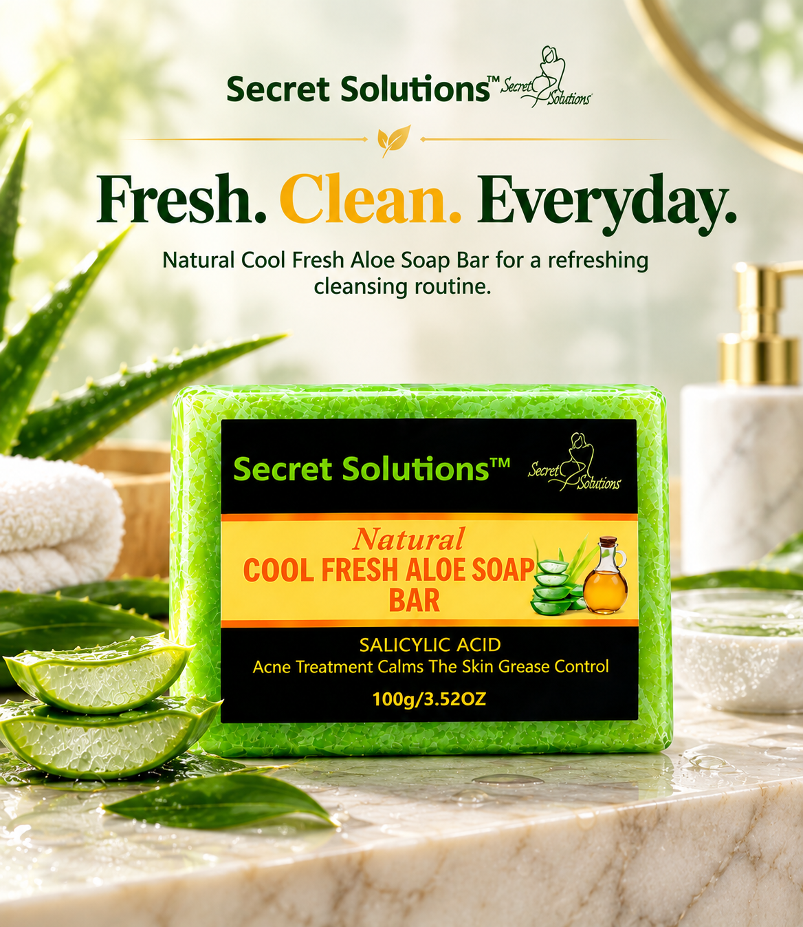 A rectangular bar of Secret Solutions Cool Fresh Aloe Soap Bar is displayed on a marble surface with sliced aloe vera leaves, aloe gel, and a white bottle in the background. The soap bar has a green textured wrapper with a black and orange label.