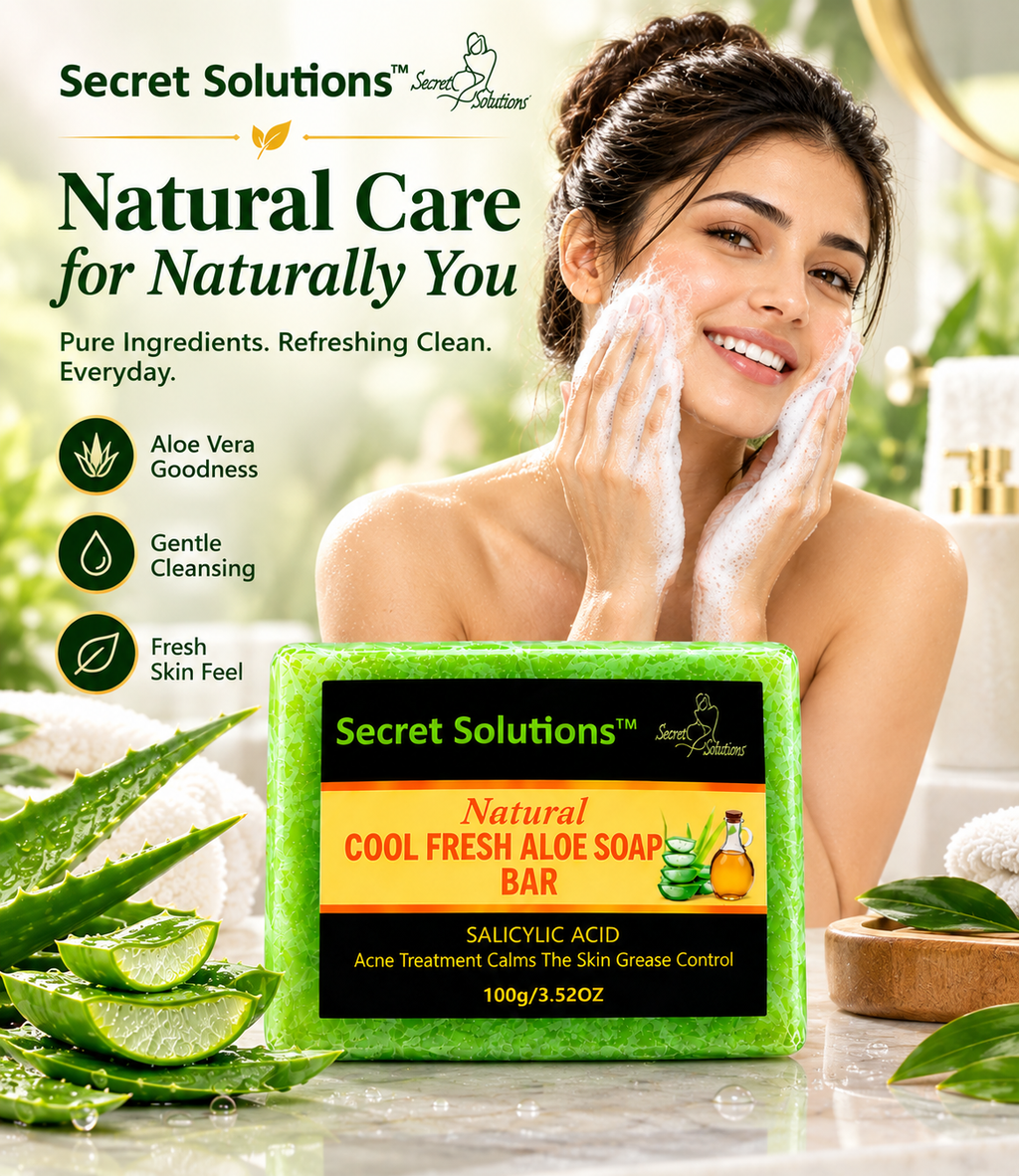 A woman with soap lather on her face is shown beside a bar of Secret Solutions Natural Cool Fresh Aloe Soap Bar. The ad includes text highlighting aloe vera goodness, gentle cleansing, and fresh skin feel, with a bright green soap bar in the foreground and a soft bathroom-like background.