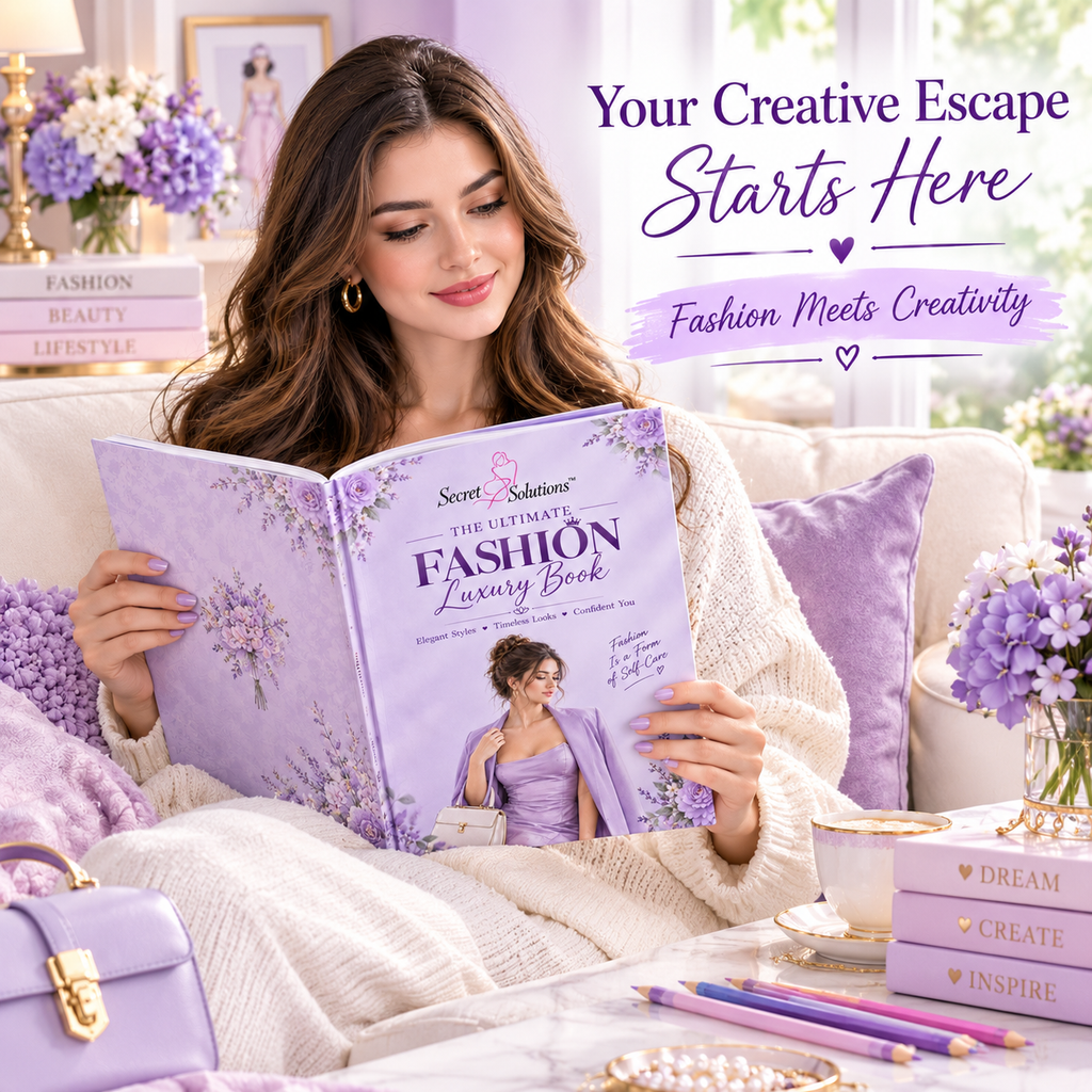 A woman sits on a sofa reading a lavender-themed book titled 'The Ultimate Fashion Luxury Book' by Sweet Solutions. The scene is styled with purple flowers, lavender pillows, a purple handbag, and books, with promotional text reading 'Your Creative Escape Starts Here' and 'Fashion Meets Creativity.