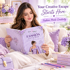 A woman sits on a sofa reading a lavender-themed book titled 'The Ultimate Fashion Luxury Book' by Sweet Solutions. The scene is styled with purple flowers, lavender pillows, a purple handbag, and books, with promotional text reading 'Your Creative Escape Starts Here' and 'Fashion Meets Creativity.