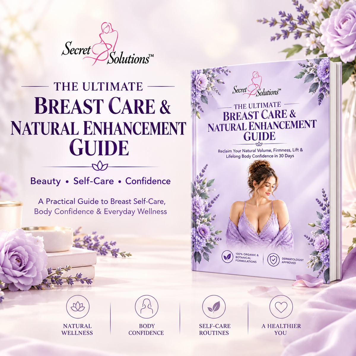A promotional graphic for a book titled 'The Ultimate Breast Care & Natural Enhancement Guide' by Secret Solutions. The book cover is lavender with purple floral illustrations and a photo of a woman in a purple dress.