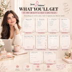 A promotional collage for a self-care and beauty planner set by Secret Solutions. On the left, a woman sits at a desk with a laptop and pink accessories.