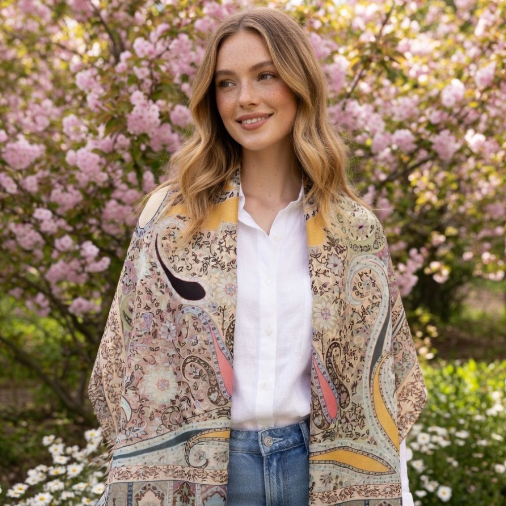 Ladies’ Premium Wool Paisley Floral Scarf – Elegant Printed Shawl with Fringed Edges