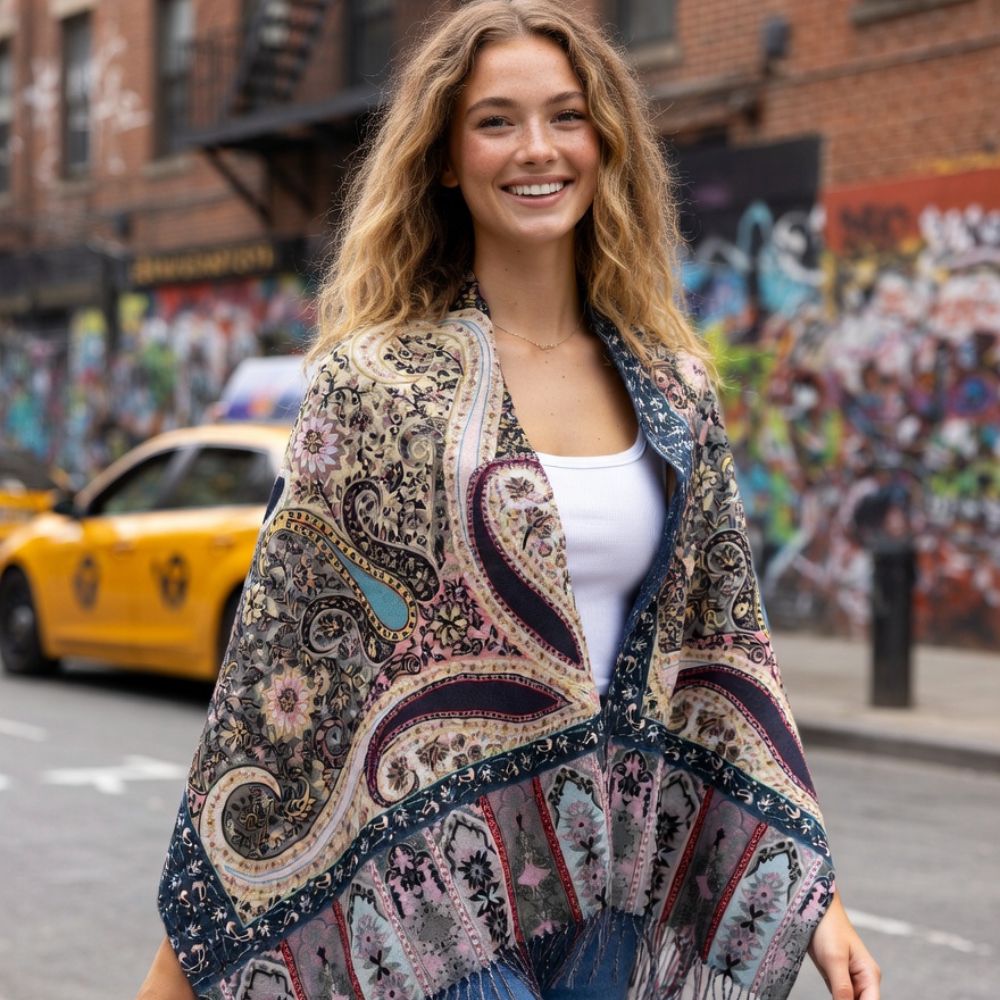 Ladies’ Premium Wool Paisley Floral Scarf – Elegant Printed Shawl with Fringed Edges
