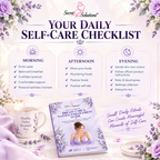 Promotional graphic for the Secret Solutions 'Your Daily Self-Care Checklist' guide, featuring a styled flat-lay with lavender flowers, a white mug, and the guide itself on a white background with purple floral accents.