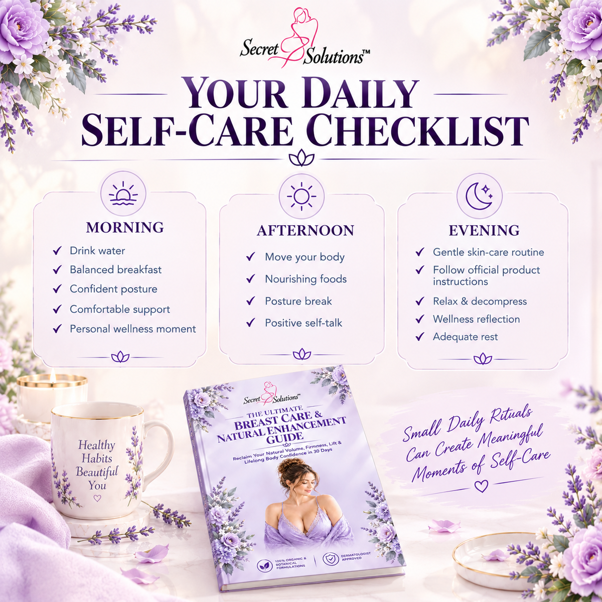 Promotional graphic for the Secret Solutions 'Your Daily Self-Care Checklist' guide, featuring a styled flat-lay with lavender flowers, a white mug, and the guide itself on a white background with purple floral accents.