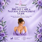 Promotional graphic for a breast care and natural enhancement guide, featuring a woman in a lavender robe against a lavender background with floral borders and text reading 'Secret Solutions' and 'The Ultimate Breast Care & Natural Enhancement Guide.'.