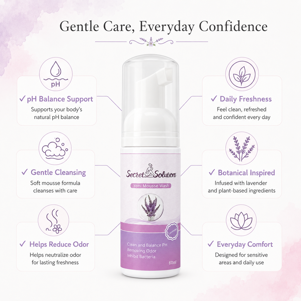 Secret Solutions pH Balancing Odor Eliminator Water pump bottle centered on a pale pink and lavender graphic background with feature callouts around it.