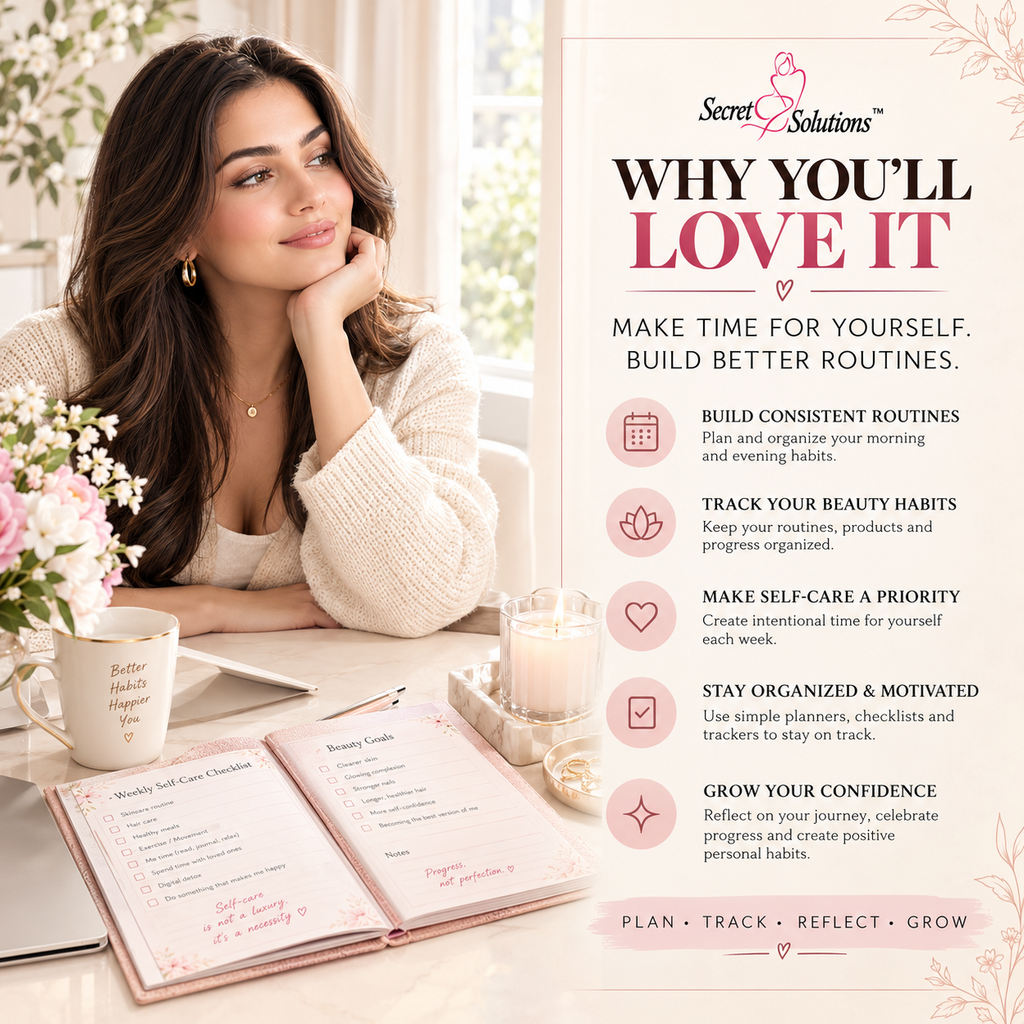 A woman in a cream knit sweater sits at a table with an open planner and a mug, beside a large promotional graphic for Secret Solutions that reads 'WHY YOU'LL LOVE IT' with bullet points about building routines, tracking beauty habits, self-care, organization, and confidence.